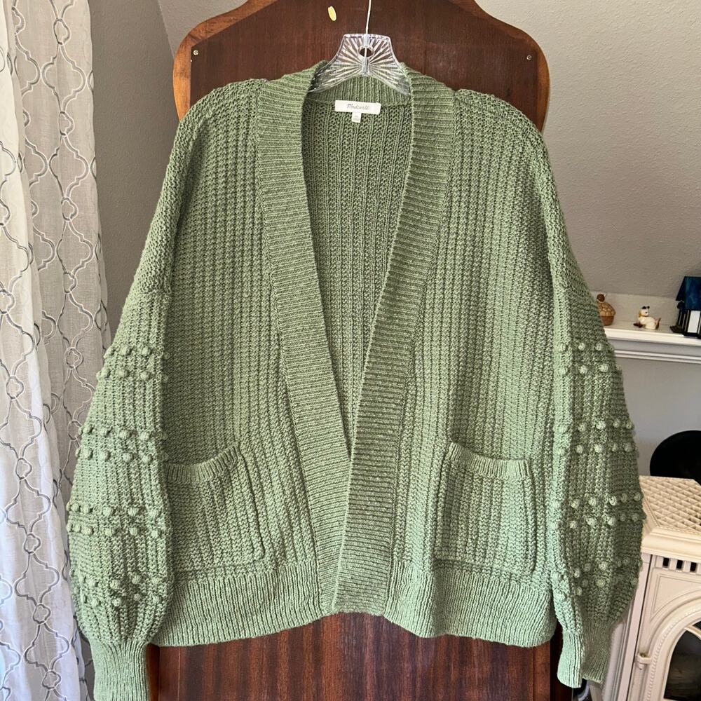 Madewell sage green chunky knit cardigan bobble detailing on the sleeves XL
